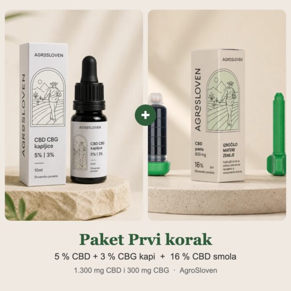 AgroSloven paket Prvi korak: 5 % CBD + 3 % CBG kapi i 16 % CBD smola